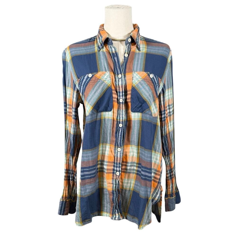 Denim & Supply Ralph Lauren Blue Orange Cotton Plaid Button Down Large Cowgirl